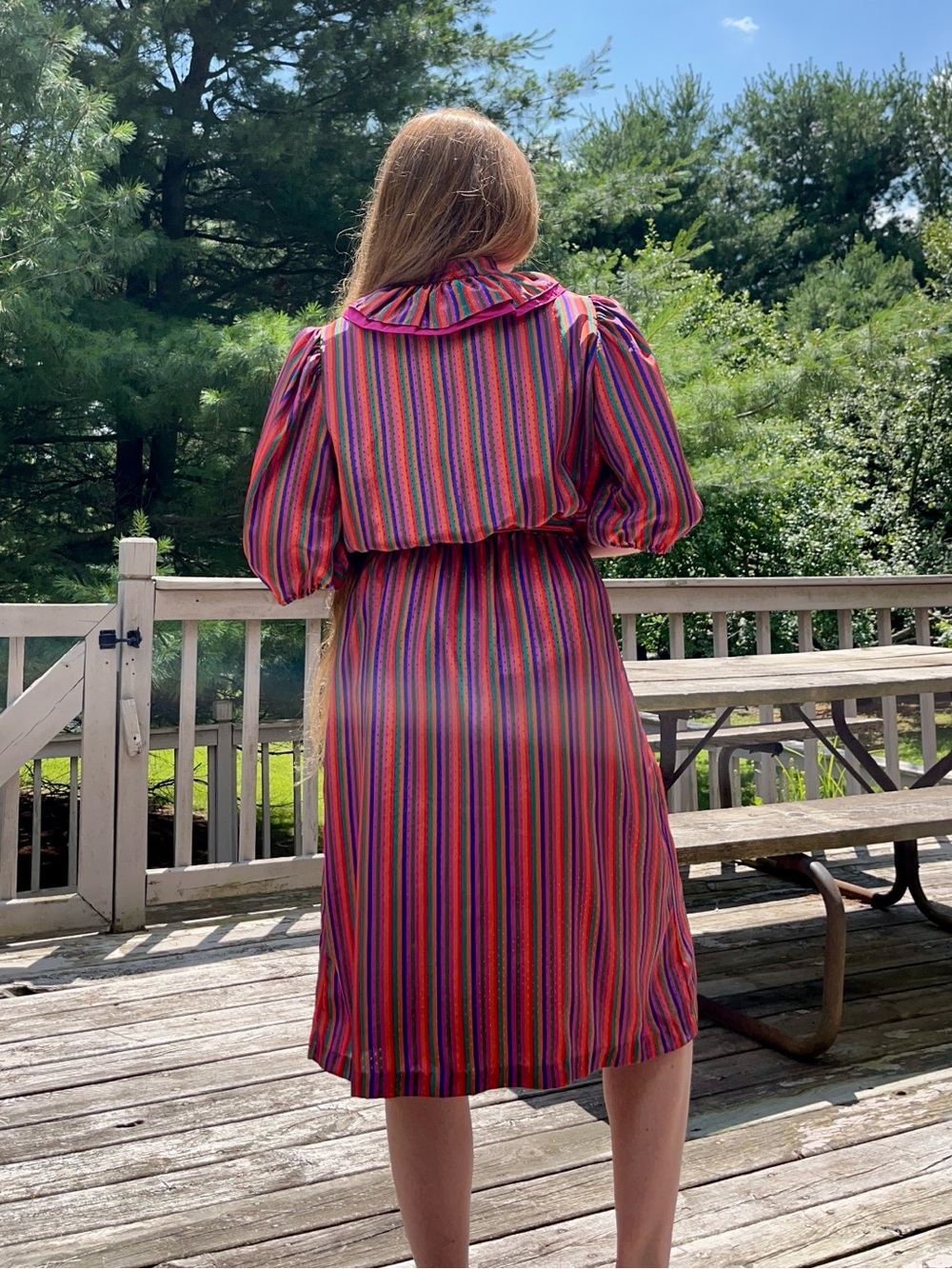 70s Sears Colorful Striped Circus Clown Ruffle Collar Midi Dress Size 14 Retro - Picture 8 of 16